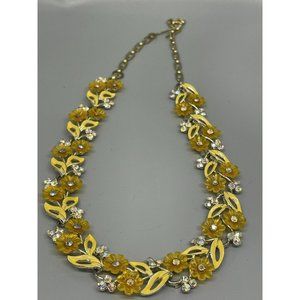 Vintage Antique 1930s Signed STAR Yellow Flower Rhinestone Gold Tone Necklace 18